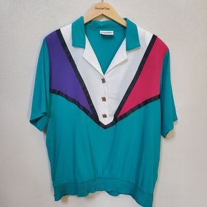 Vintage 80s 90s Alfred Dunner turquoise  color block collared blouse top medium